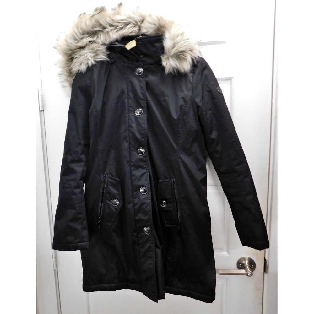 Kensie Women's Black Fur Hooded Parka Winter Coat Jacket Soft‎ Shell Size Petite